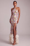 Robe de bal de promo longue à volants à étages avec fines et fente latérale
