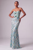 Robe longue de bal sans bretelles en sirène bleu bleu poussiéreux avec nœud de promo