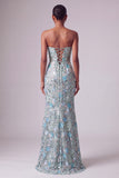 Robe longue de bal sans bretelles en sirène bleu bleu poussiéreux avec nœud de promo