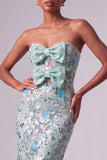 Robe longue de bal sans bretelles en sirène bleu bleu poussiéreux avec nœud de promo
