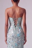 Robe longue de bal sans bretelles en sirène bleu bleu poussiéreux avec nœud de promo