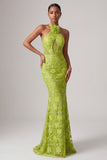 Sirène verte à encolure tour de cou avec broderie, paillettes et fleurs 3D, robe de soirée longue