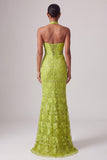 Sirène verte à encolure tour de cou avec broderie, paillettes et fleurs 3D, robe de soirée longue