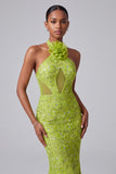 Sirène verte à encolure tour de cou avec broderie, paillettes et fleurs 3D, robe de soirée longue