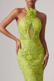 Sirène verte à encolure tour de cou avec broderie, paillettes et fleurs 3D, robe de soirée longue