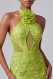 Sirène verte à encolure tour de cou avec broderie, paillettes et fleurs 3D, robe de soirée longue