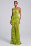 Robe de soirée longue en tulle verte à une épaule avec paillettes, broderie, fente et fronces
