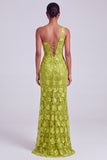 Robe de soirée longue en tulle verte à une épaule avec paillettes, broderie, fente et fronces