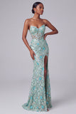 Corset bleu poussiéreux transparent à col V avec broderie florale, robe de soirée longue sirène avec fente et paillettes