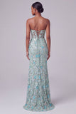 Corset bleu poussiéreux transparent à col V avec broderie florale, robe de soirée longue sirène avec fente et paillettes