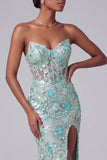 Corset bleu poussiéreux transparent à col V avec broderie florale, robe de soirée longue sirène avec fente et paillettes