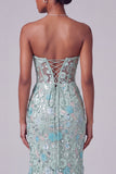 Corset bleu poussiéreux transparent à col V avec broderie florale, robe de soirée longue sirène avec fente et paillettes