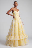 Corset jaune sans bretelles en jacquard, robe de soirée longue ligne A avec ourlet à volants à étages