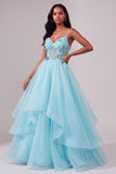 Corset bleu clair à fines bretelles avec paillettes, ligne A, robe de soirée longue à volants asymétriques à étages