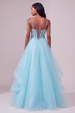 Corset bleu clair à fines bretelles avec paillettes, ligne A, robe de soirée longue à volants asymétriques à étages
