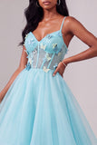 Corset bleu clair à fines bretelles avec paillettes, ligne A, robe de soirée longue à volants asymétriques à étages