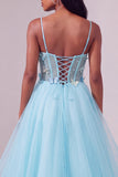 Corset bleu clair à fines bretelles avec paillettes, ligne A, robe de soirée longue à volants asymétriques à étages