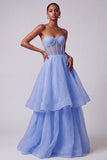 Corset bleu avec perles et détails transparents, robe de soirée longue ligne A sans bretelles à étages
