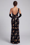 Veloute noir, fourreau à paillettes sur une épaule, robe de la mère de la mariée avec fente latérale
