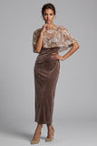 Chocolats Fourreau Velous à col rond Sequins Longue robe de la mère de la mariée avec cape