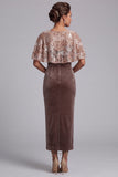 Chocolats Fourreau Velous à col rond Sequins Longue robe de la mère de la mariée avec cape