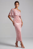 Robe de mère de la mariée en velut Maxi à fourreau rose à une épaule avec broderies