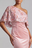 Robe de mère de la mariée en velut Maxi à fourreau rose à une épaule avec broderies