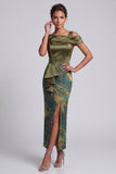 Robe longue mère de la mariée à épaules décollées, fourreau olive asymétrique et à volants