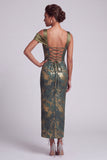 Robe longue mère de la mariée à épaules décollées, fourreau olive asymétrique et à volants