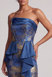 Robe longue de la mère de la mariée à étui bleu foncé sans bretelles