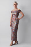 Robe mère de la mariée longue grise fourreau en jacquard à épaules dénudées avec dos à lacets