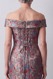 Robe mère de la mariée longue grise fourreau en jacquard à épaules dénudées avec dos à lacets