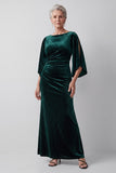 Robe mère de la mariée longue vert foncé fourreau à col bateau à manches flottantes avec fentes et perles