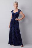 Robe mère de la mariée longue bleu marine ligne A en velours avec dentelle
