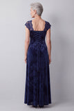 Robe mère de la mariée longue bleu marine ligne A en velours avec dentelle
