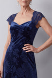 Robe mère de la mariée longue bleu marine ligne A en velours avec dentelle