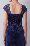 Robe mère de la mariée longue bleu marine ligne A en velours avec dentelle