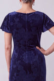 Robe mère de la mariée longue bleu marine en velours à col bateau à manches flottantes avec motifs floraux