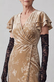 Robe mère de la mariée longue champagne fourreau à col V à manches flottantes avec fronces