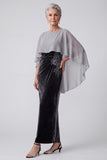 Robe mère de la mariée longue noire fourreau en velours à col bateau avec broderie, paillettes et fronces