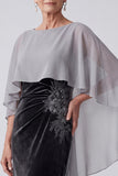 Robe mère de la mariée longue noire fourreau en velours à col bateau avec broderie, paillettes et fronces