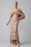 Robe mère de la mariée longue champagne sirène en velours à épaules dénudées avec appliqués et paillettes
