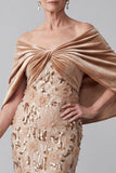 Robe mère de la mariée longue champagne sirène en velours à épaules dénudées avec appliqués et paillettes