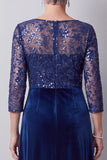 Robe mère de la mariée longue bleu foncé ligne A en velours à col rond avec broderie