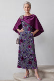 Robe mère de la mariée midi fuchsia fourreau en velours avec cape, strass et fleurs