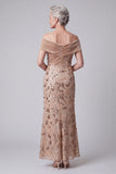 Robe mère de la mariée longue champagne fourreau en velours à épaules dénudées avec appliqués floraux
