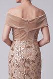 Robe mère de la mariée longue champagne fourreau en velours à épaules dénudées avec appliqués floraux