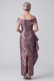 Robe mère de la mariée grise fourreau en jacquard à épaules dénudées avec drapé et fronces