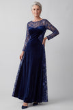 Robe mère de la mariée bleu marine ligne A en velours à col rond avec encolure illusion, broderie et paillettes