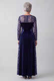 Robe mère de la mariée bleu marine ligne A en velours à col rond avec encolure illusion, broderie et paillettes